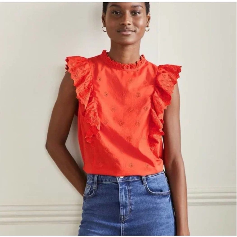 NWT BODEN Women Nina Sleeveless Broderie Ruffle Eyelet Top / Bright Papaya (4)